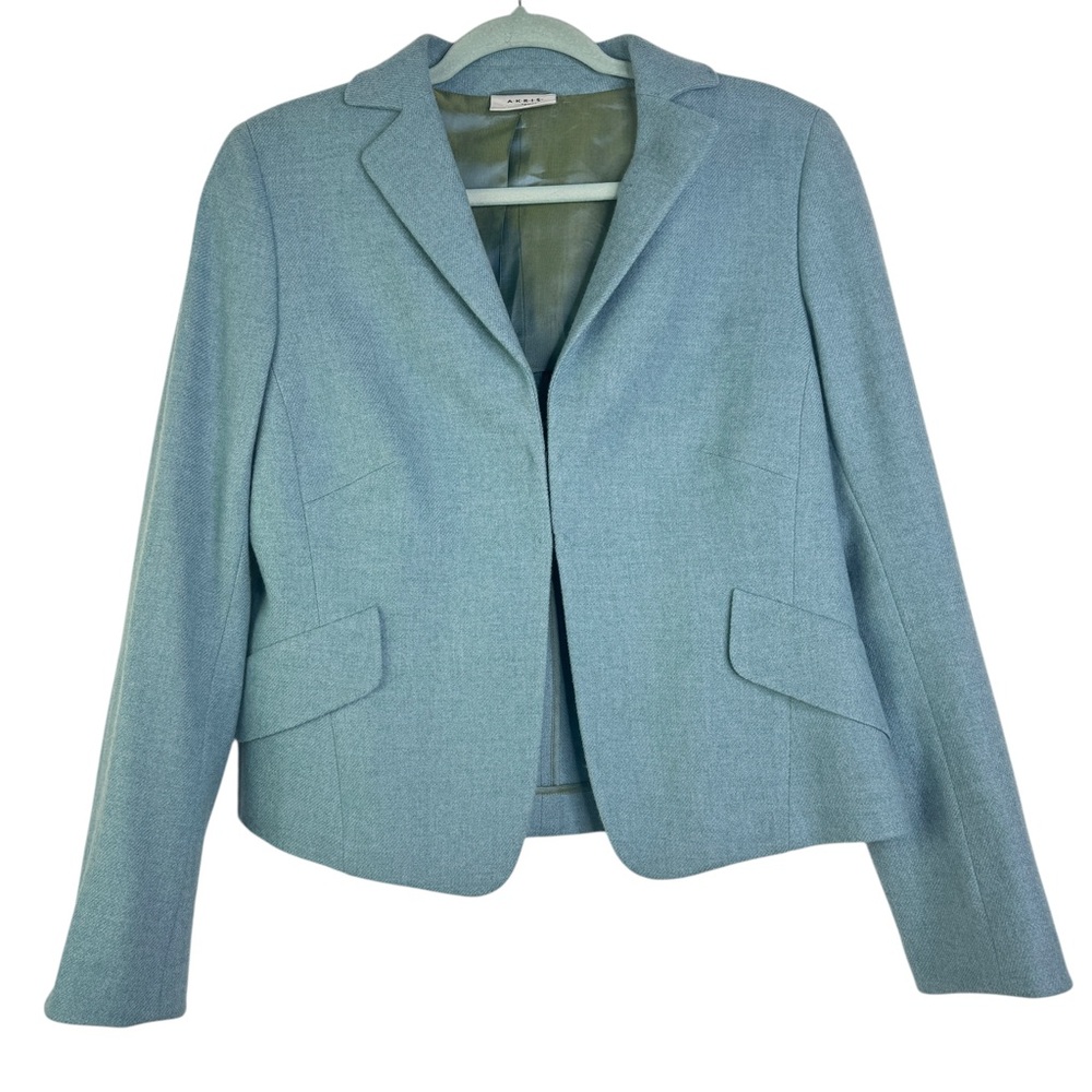 Akris Punto Sumptuous Aqua Jacket 100% Wool Light Blue Hook‎ & Eye Flaws US 12